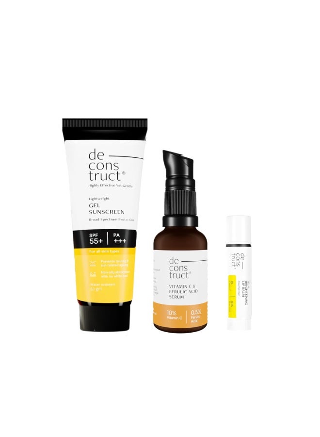 ديكونستركت مجموعة دي كونستركت اليومية لتفتيح البشرة: واقي شمس جل (50 غ) + سيروم فيتامين سي (30 مل) + مرطب شفاه مفتح (4 غ) لا يترك أثراً أبيض، خفيف الوزن، وحماية فائقة مع واقي شمس بعامل حماية 55 | سيروم فيتامين سي للبشرة الدهنية (عبوة من 3 قطع) - Image 1